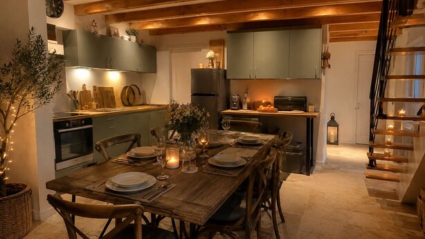 Una cocina con vigas de madera, una mesa de comedor lista para seis comensales y una escalera.