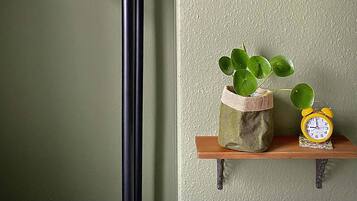 Una estantería con una planta en maceta y un reloj.