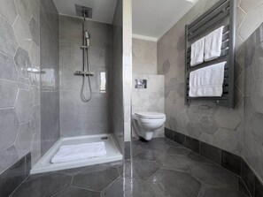 Un baño moderno con ducha, inodoro y toallero.