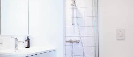 Dusche, Haartrockner, Handtücher, Seife