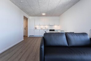 A modern living room with a black leather sofa, a kitchen with white cabinets, and a wooden floor.
