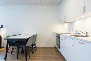 Full-size fridge, oven, stovetop, dishwasher