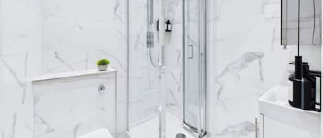 Shower, hair dryer, towels, shampoo