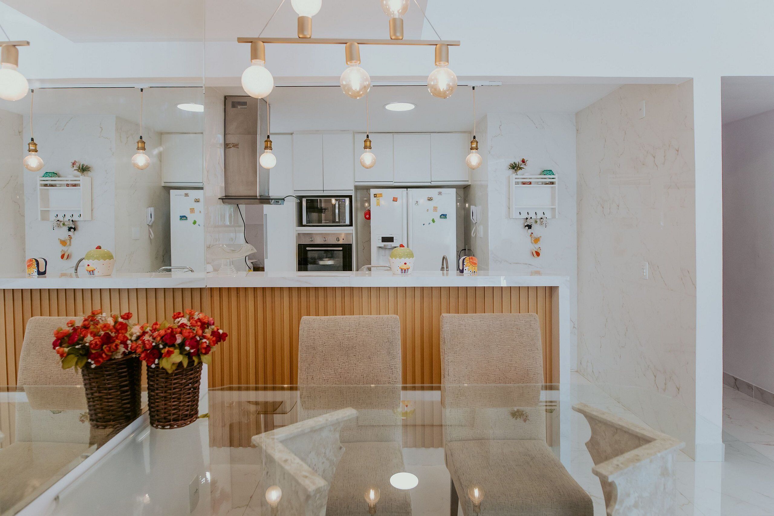 Fridge, microwave, oven, cookware/dishes/utensils