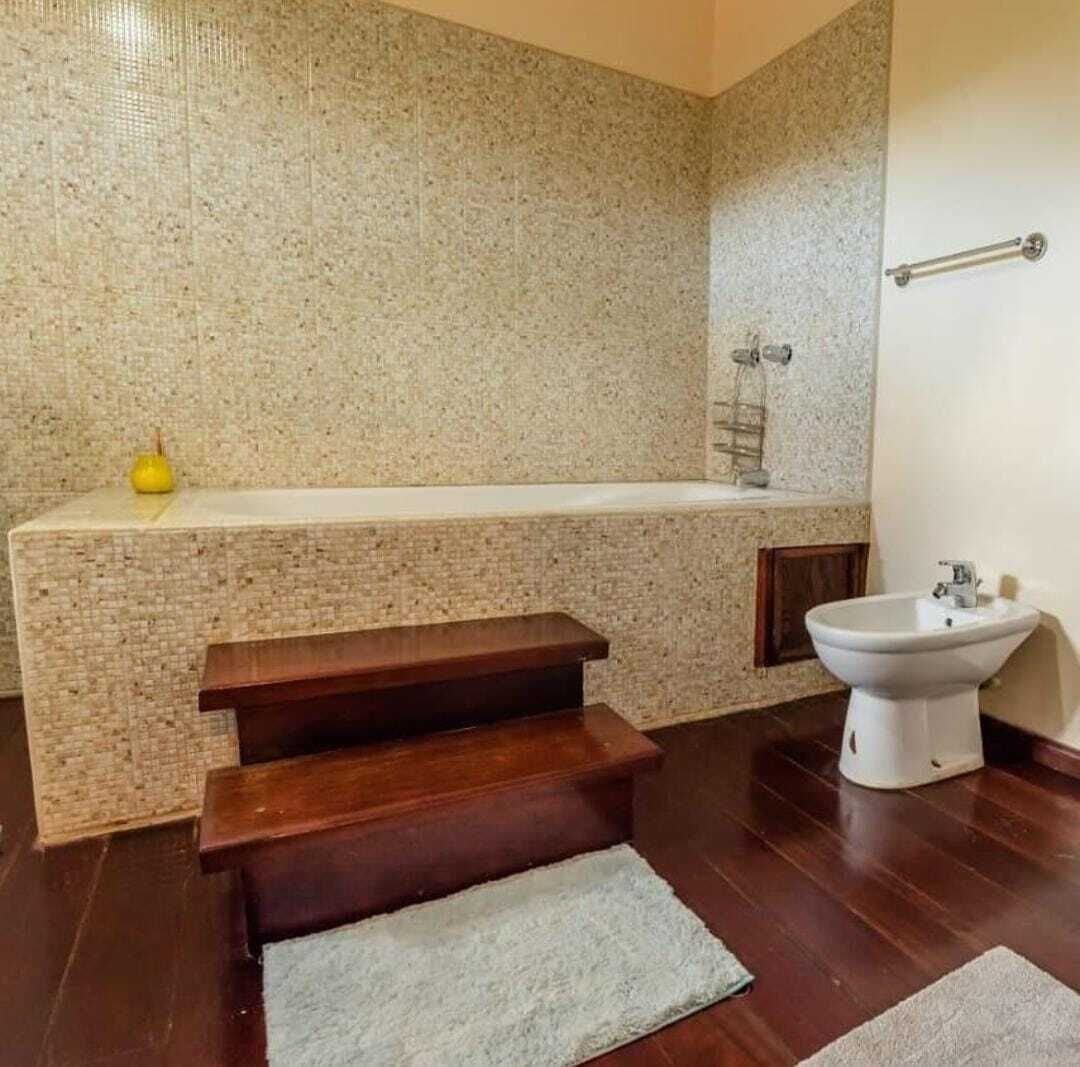 Separate bathtub and shower, towels, soap, toilet paper