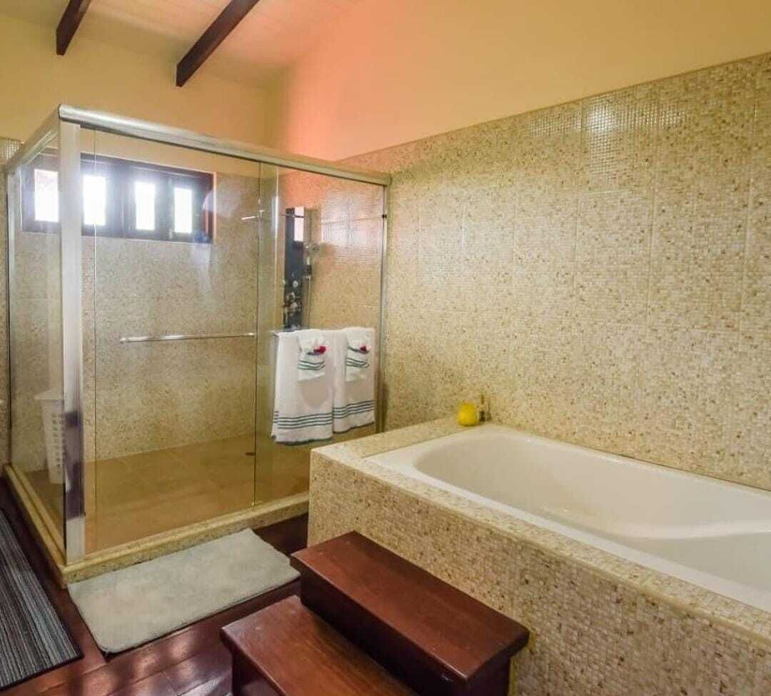 Separate bathtub and shower, towels, soap, toilet paper