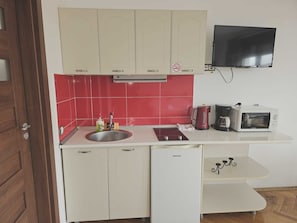 A compact kitchen with a sink, stove, microwave, and a television mounted above the counter. - Mozart Studios (Cluj-Napoca)