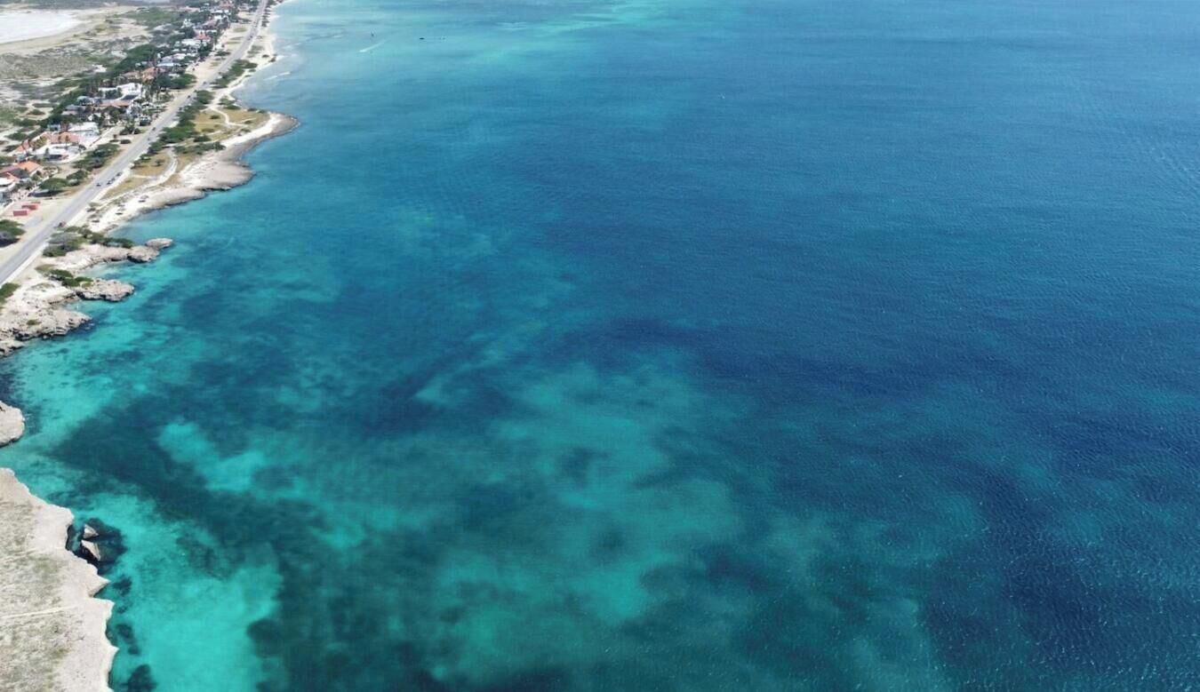 Una zona costera con agua azul cristalina, una carretera y edificios a lo largo de la orilla.