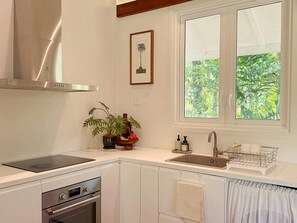 Una cocina con horno empotrado, campana extractora de acero inoxidable, ventana con vistas a zonas verdes y un fregadero con escurreplatos.