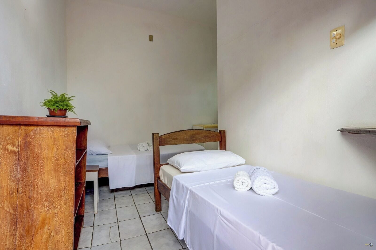 Una habitación pequeña y limpia con una cama de madera, un escritorio pequeño, una silla y una planta en maceta.
