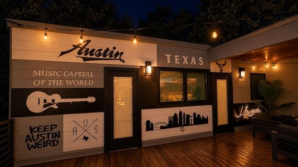 Un edificio con letreros que dicen 'Austin' y 'TEXAS', un gráfico de guitarra y una señal de neón que reza 'Keep Austin Weird'.