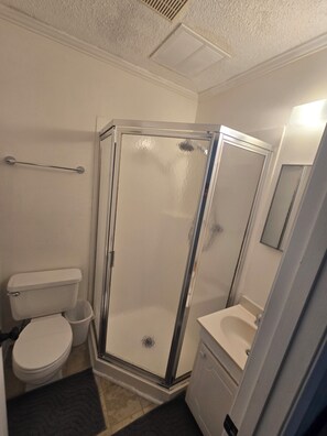 Et badeværelse med bruser, toilet og håndvask.