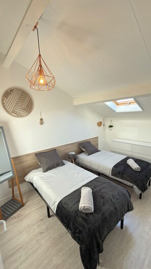 Een moderne slaapkamer met twee bedden, een dakraam, een hanglamp en een klein nachtkastje.