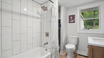 Hair dryer, towels, soap, toilet paper