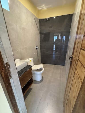 A small bathroom with a toilet, sink, and shower. - Ivaan Belle-Vue (Dhari)
