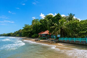 A beach with a house, palm trees, and a clear sky. - Starlink Jungle Retreat | Eco Living + Fast WiFi (Cahuita)