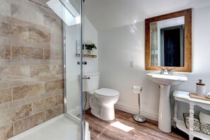 Un bagno con doccia, servizi igienici, lavandino e specchio.