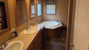 Un bagno compatto con due lavandini, uno specchio grande e un angolo doccia.