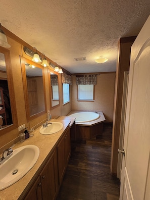 A compact bathroom with two sinks, a large mirror, and a shower area.