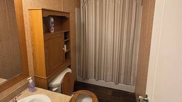 Hair dryer, towels, soap, toilet paper