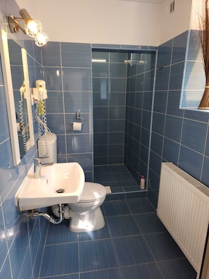 Une salle de bain avec un lavabo, des toilettes et une douche.