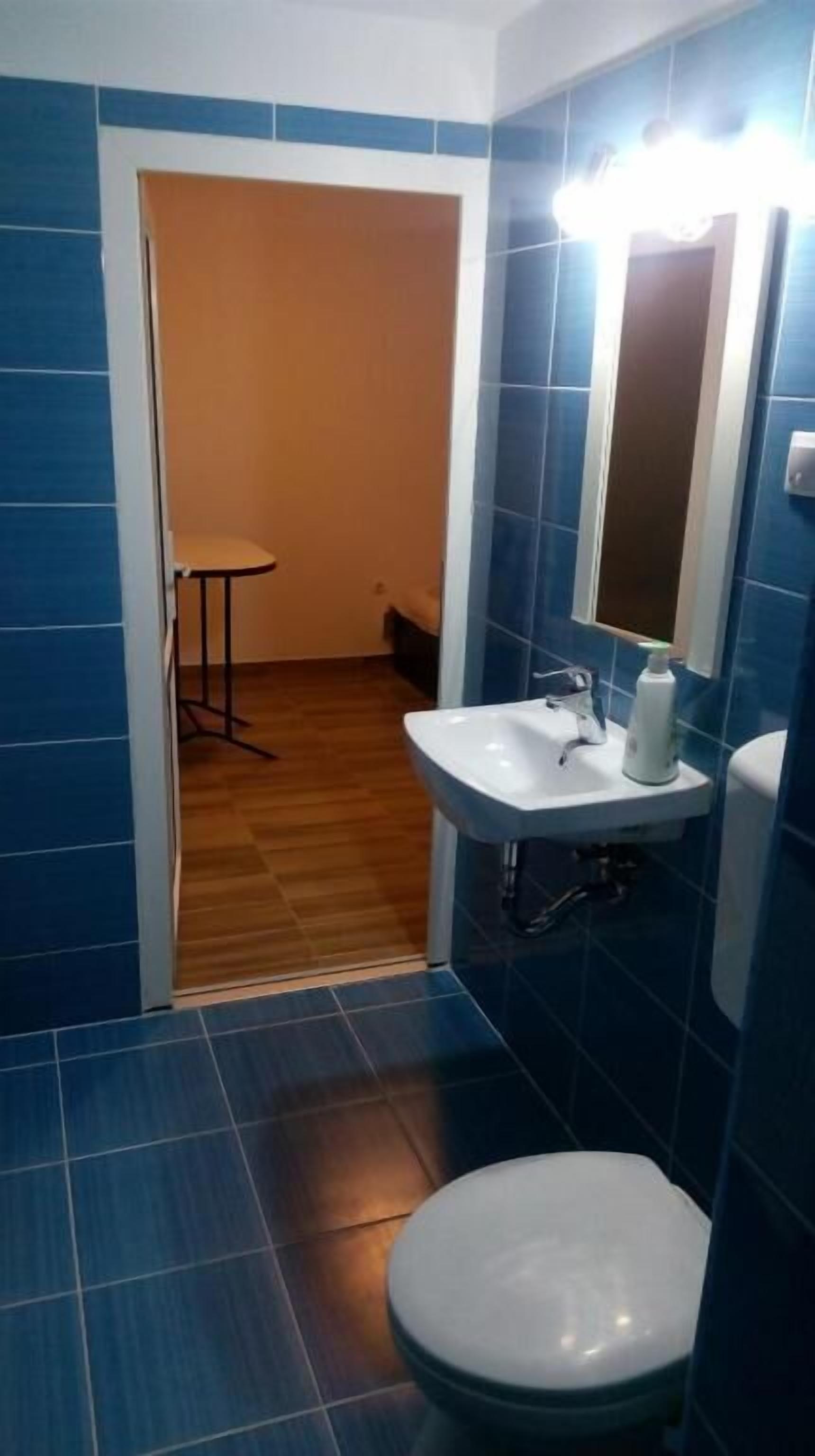 A bathroom with blue tiles, a white sink, a mirror, and a toilet.