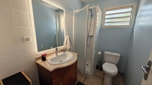 Een badkamer met een wastafel, spiegel, douche en toilet.