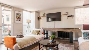 1 bedroom, desk, iron/ironing board, travel cot
