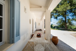 A covered outdoor dining area with a table and chairs, a potted plant, and a large pot.