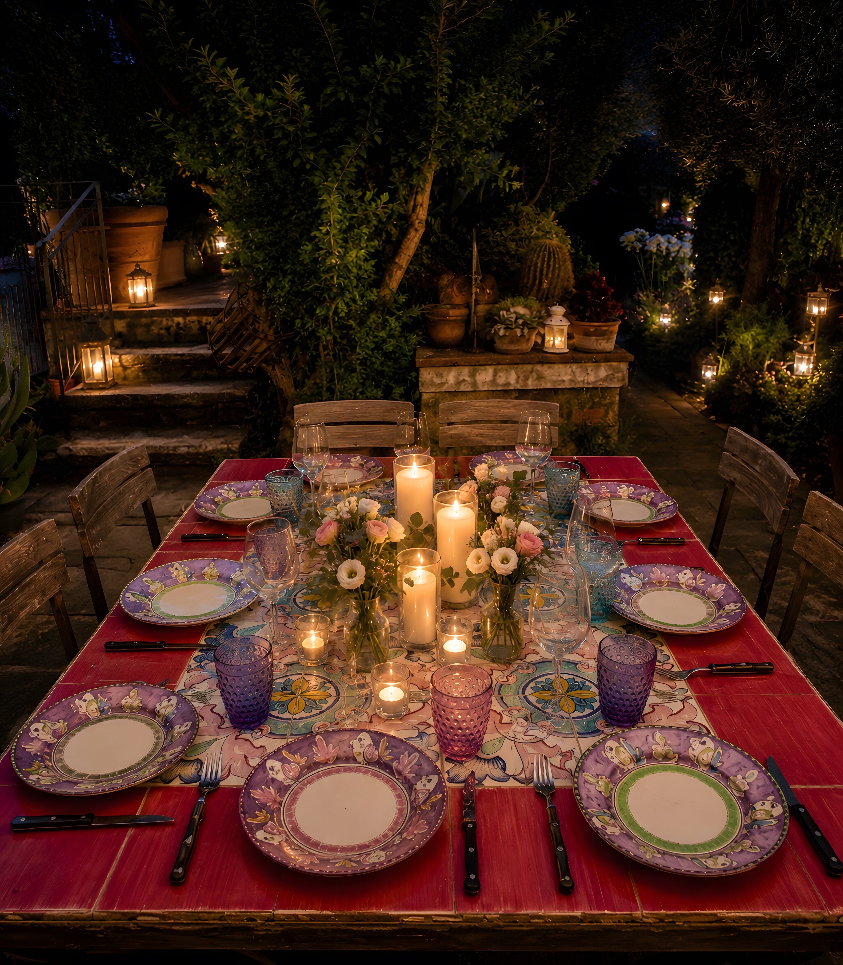 An outdoor dining area with a red tablecloth, candles, and floral centerpieces.