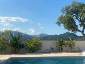 En swimmingpool med utsikt över berg och träd.