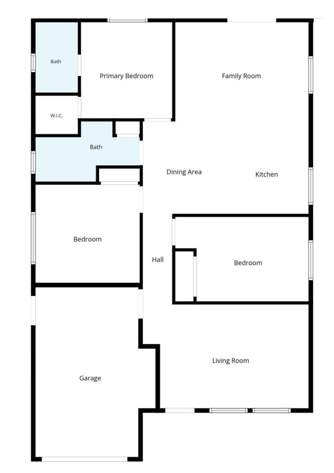 Un plan d’étage comprenant une chambre principale, un espace familial, un coin repas, une cuisine, une salle de bain, des toilettes, une chambre, un hall d’entrée, un salon et un garage.