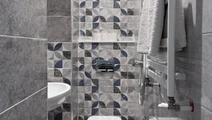 Shower, towels, soap, toilet paper