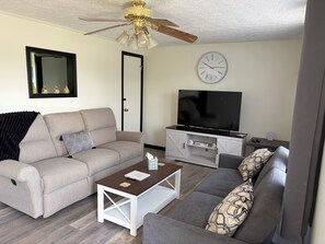 A living room with a sofa, coffee table, TV, and ceiling fan. - Fabulous 3-bedroom house with AC in charming Union (Union)