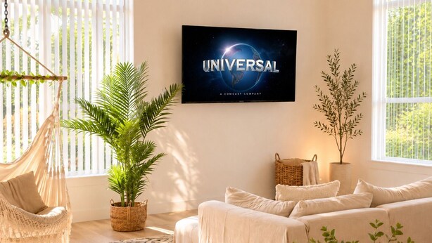 Ein gemütliches Wohnzimmer mit einer Hängematte, einer großen Topfpflanze, einer Couch, einem Fernseher, der 'UNIVERSAL' zeigt, und einer Kerze auf einem Tisch.