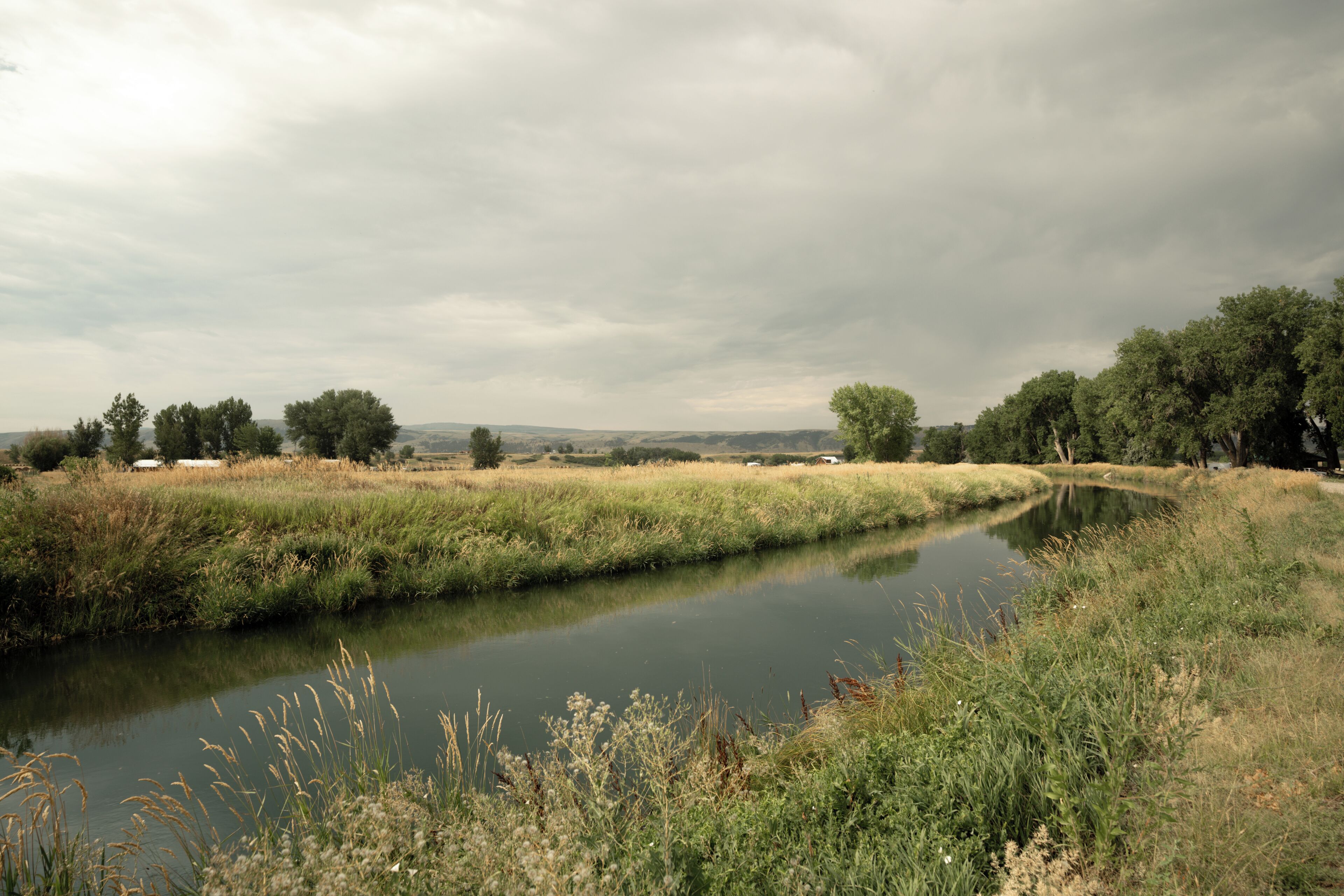 A river meandering through a rural landscape with trees and open fields.