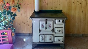 A vintage stove with floral designs, a wooden wall, and a flower pot with roses. - Large house with garden and terrace in Lapoutroie (Lapoutroie)