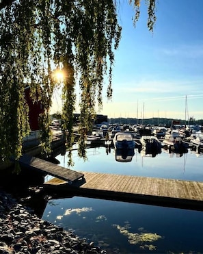 Un puerto deportivo con barcos amarrados, un muelle de madera y un árbol con ramas colgantes.