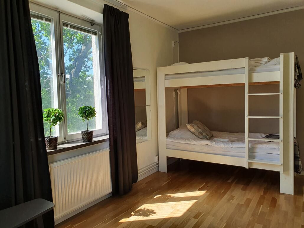Ett rum med en våningssäng, ett fönster, ett element och krukväxter.