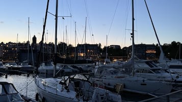 A marina with several boats docked, a wooden dock, and buildings in the background.
