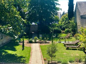 Un jardí amb un camí pavimentat, un arbre petit i una bosa.
