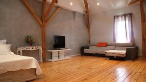 A bedroom with a bed, a TV, a sofa, and a small table with a plant. - La Fleur de Lys (Langeais)