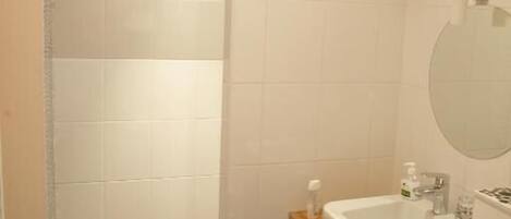 Un baño pequeño con ducha, lavamanos y espejo.