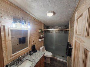 A bathroom with wooden paneling, a granite countertop, a toilet, a glass shower enclosure, and a mirror with lights. - 4 bed/2 bath on Conneaut Creek w/ Movie Theater, Fire Pit, Grill, A/C & More (Kingsville)