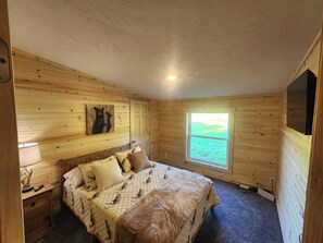 Una camera da letto con un letto, una finestra, una porta e una TV a muro.