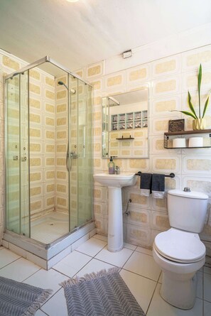 Ein Badezimmer mit Duschkabine aus Glas, einem Standwaschbecken, einer Toilette und Wandfliesen mit Muster.