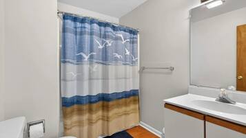 Une salle de bain avec un rideau de douche, un lavabo et un miroir.