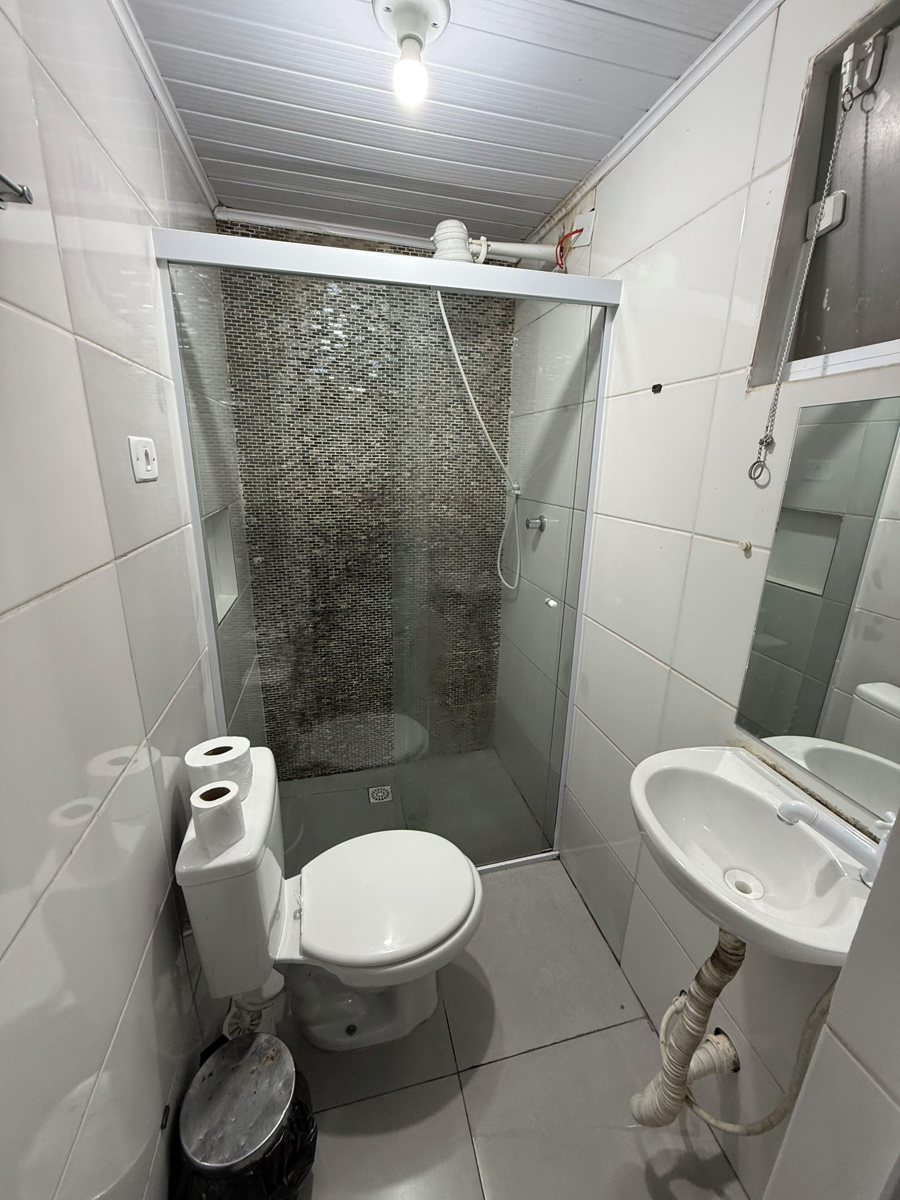 Uma casa de banho pequena com sanita, lavatório e cabine de duche.