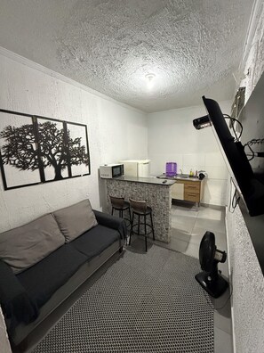 A compact living space with a sofa, a small kitchen area, a bar stool, and a ceiling fan.
