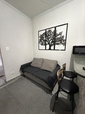 Una sala pequeña con sofá, televisor montado en la pared, una obra de arte de un árbol decorativo y una silla de mimbre.